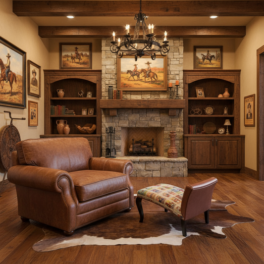 Pair of French Antique Footstools Upholstered in Mexican Lotería Fabric and Leather
