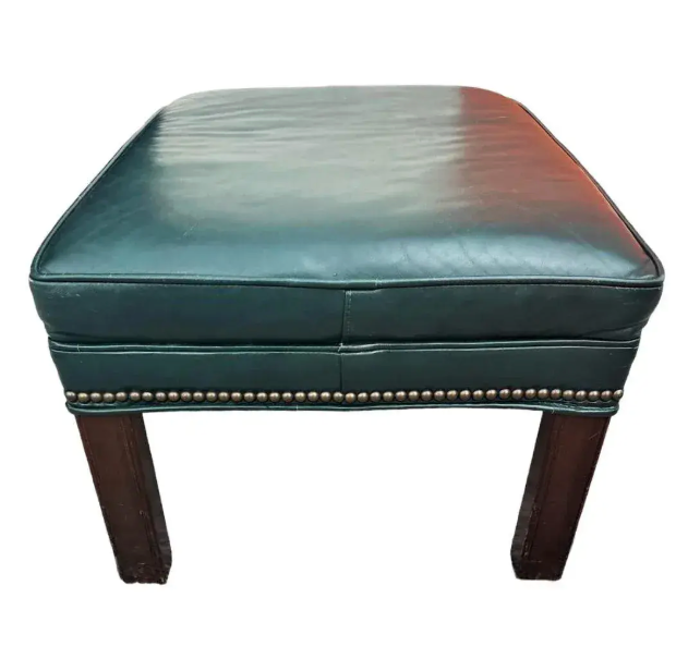 Vintage English Green Leather Chair and Ottoman Set