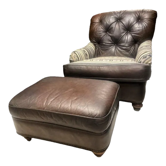 Vintage Chesterfield Leather Writer's Chair and Ottoman With Oriental Tapestry Details - Image 2