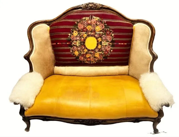 Late 19th Century French Settee With Guatemalan Hand Embroidery, Cowhide and Sheepskin - Image 12