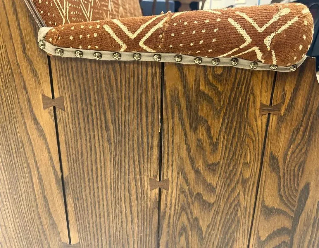 Romweber Viking Oak Sofa With Two Chairs - Upholstered With Artisanal African Textile and Leather - Vintage Mid 20th Century - Image 13