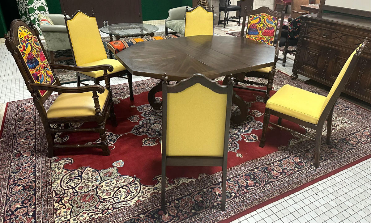 Ethan Allen Vintage Royal Charter Oak Chairs With Chiapas Embroidery, Leather, and Fabric Upholstery - Set of 6 - Image 13