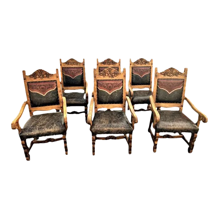 Custom Made Mexican Hacienda Chairs in Tooled Leather and Carved Wood - Set of 6 - Image 14