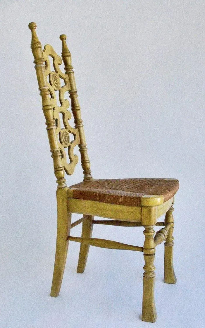 Thomasville Mid-Century Vintage Spanish Revival Oak Dining Chairs With Rush Seats and Distressed Yellow Paint - Set of 4 - Image 6