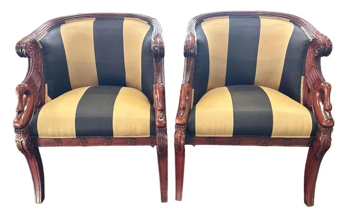 English Regency Mahogany Bergeres With Swan Head Carving and New Upholstery - a Pair - Image 6