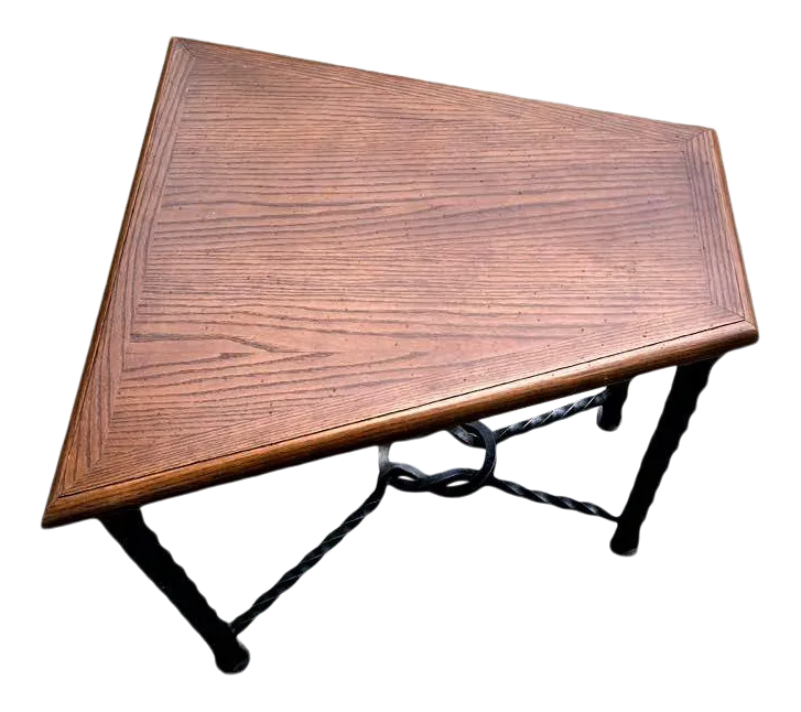 Mid 20th Century Trapezoid Oak and Wrought Iron Side Table - Image 8
