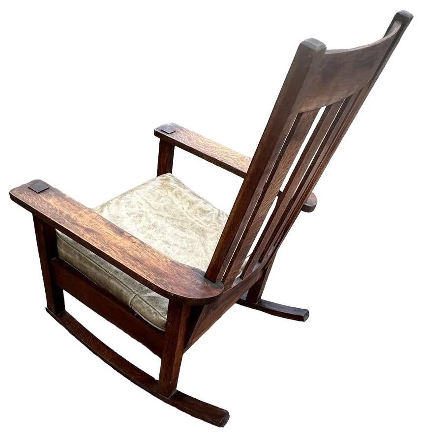 Antique Stickley Brothers Grand Rapids Mission Oak Rocking Chair With New Leather Upholstery - Circa 1900 - Image 8