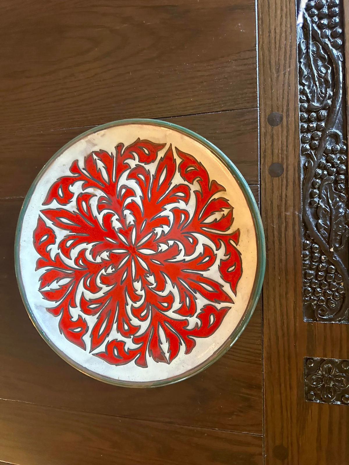 Crimson Acanthus Design Spanish 13.75” Ceramic Plate — Mid 20th Century - Image 8