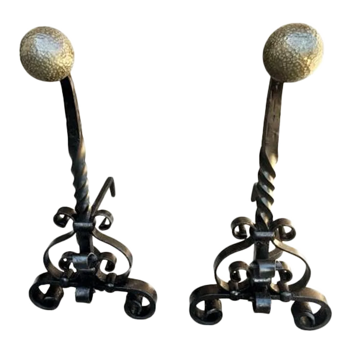 Massive 31" High Antique Arts & Crafts Pair of Andirons - Wrought Iron and Brass - Late 19th Century - Image 8