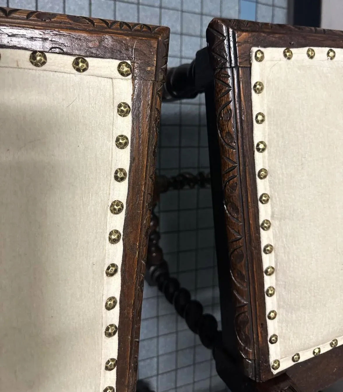 19th Century French Antique Carved Oak Dining Chairs With New Seat Upholstery - Set of 6 - Image 9