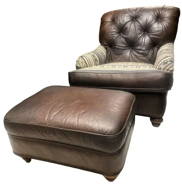 Vintage Chesterfield Leather Writer's Chair and Ottoman With Oriental Tapestry Details - Image 11