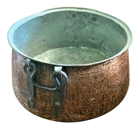 Large Antique Hammered Copper Cauldron With Hand Wrought Iron Handles - Image 11