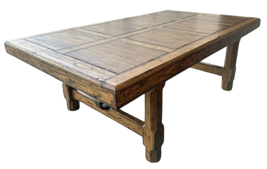 Late 20th Century Monumental Spanish Rustic Style Solid Oak Refectory Table With Heavy Iron Cursive Stretchers - Image 11