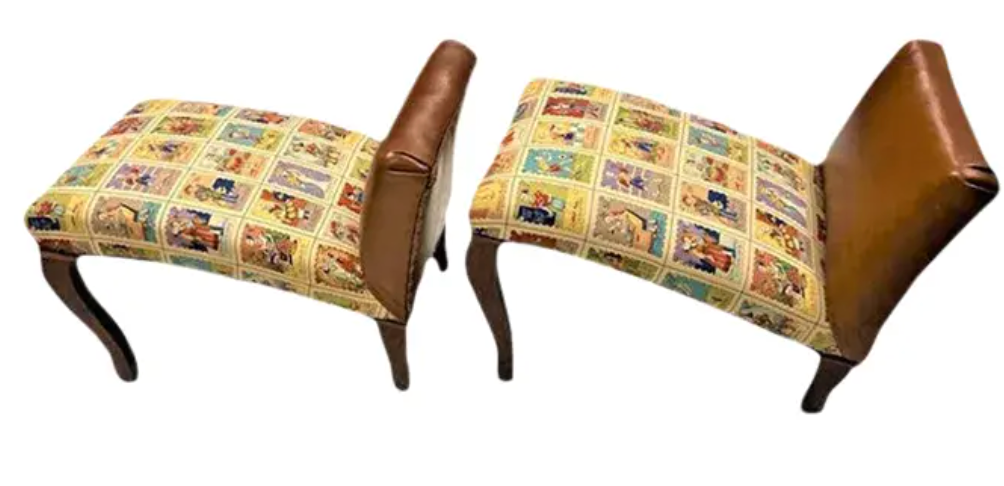 Pair of French Antique Footstools Upholstered in Mexican Lotería Fabric and Leather