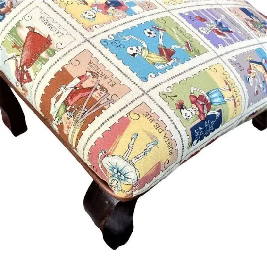Pair of French Antique Footstools Upholstered in Mexican Lotería Fabric and Leather