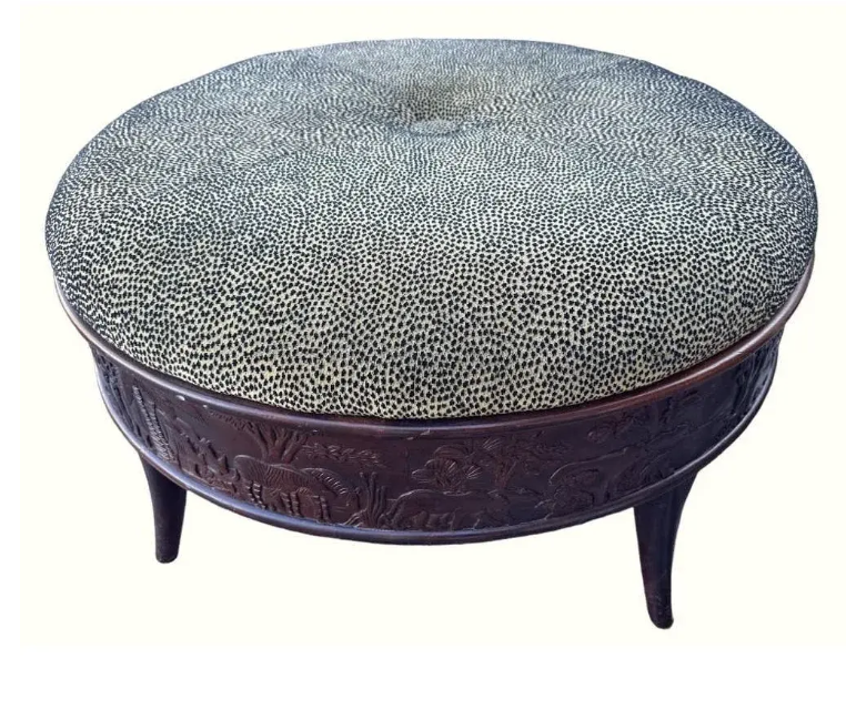 Teakwood and Cheetah Print Sam Moore Round Cocktail Ottoman