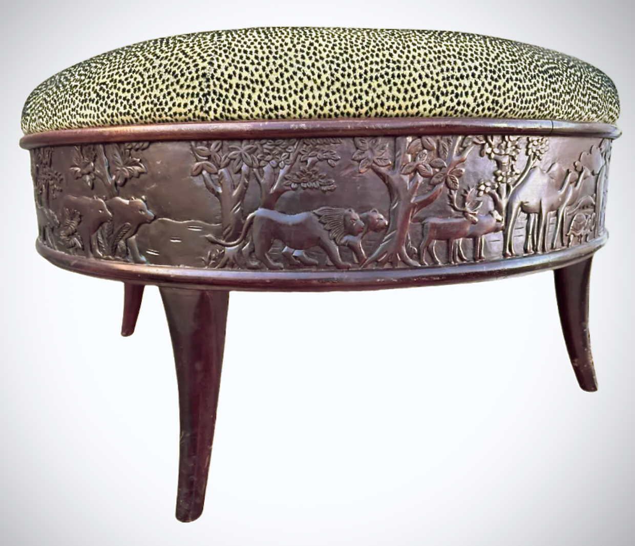 Teakwood and Cheetah Print Sam Moore Round Cocktail Ottoman