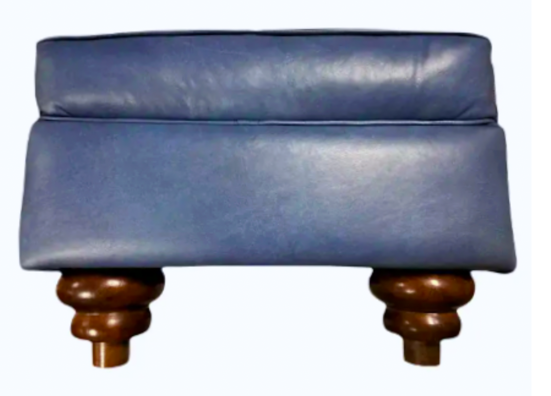 Mid 20th Century Traditional Ottoman Reupholstered in Soft Blue Italian Leather