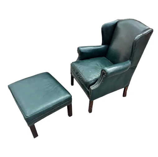 Vintage English Green Leather Chair and Ottoman Set