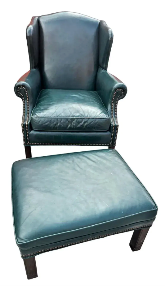 Vintage English Green Leather Chair and Ottoman Set