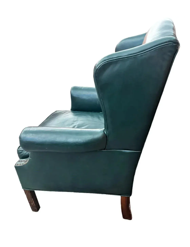 Vintage English Green Leather Chair and Ottoman Set