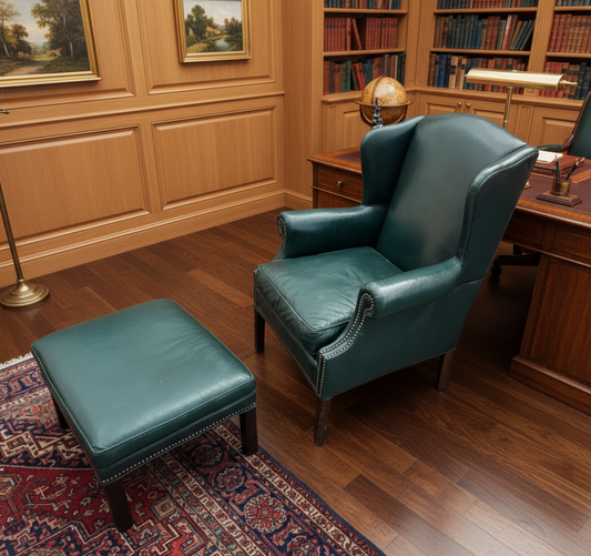 Vintage English Green Leather Chair and Ottoman Set