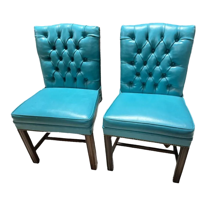 Drexel Vintage Mid Century Teal Button Tufted Accent Chairs - a Pair - Image 2