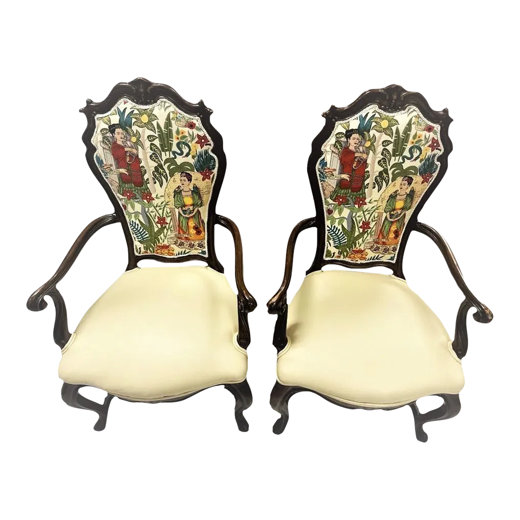 Pair of Vintage Karges Fauteuils With New Leather and 'Frida's Garden' Chintz Upholstery - Image 2