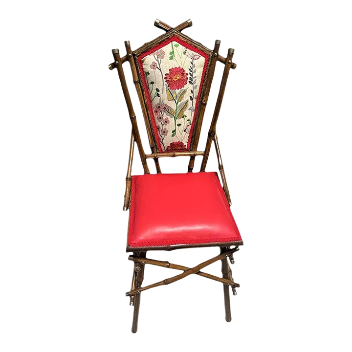 Antique Anglo-Indian Bamboo Campaign Chair With New Leather and Embroidered Upholstery - Late 19th Century - Image 2