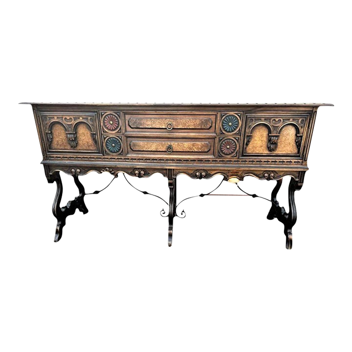 Antique Berkey & Gay Grand Rapids 72” ‘Span-Umbrian' Walnut, Burlwood and Polychrome Credenza or Buffet - Circa 1917 - Image 2