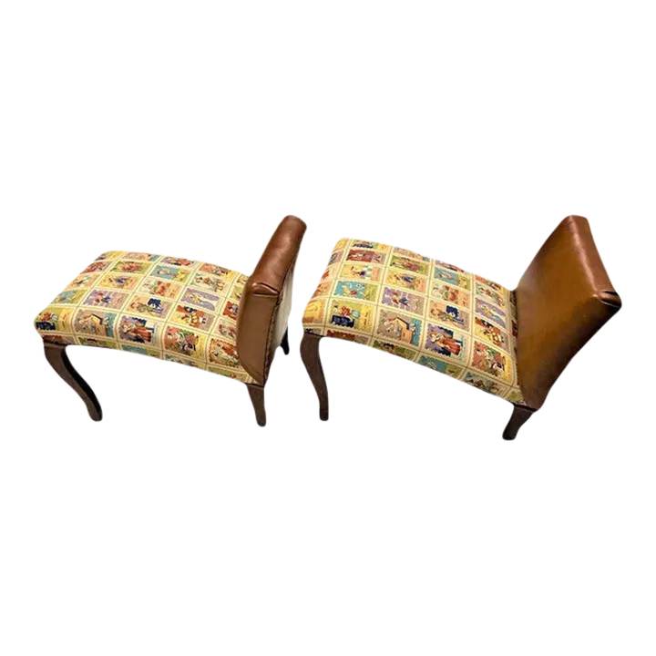 Mexican Loteria Fabric and New Leather Upholstery on Antique Footstools - a Pair - Image 2