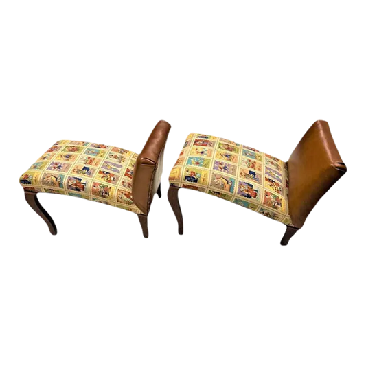 Mexican Loteria Fabric and New Leather Upholstery on Antique Footstools - a Pair - Image 2