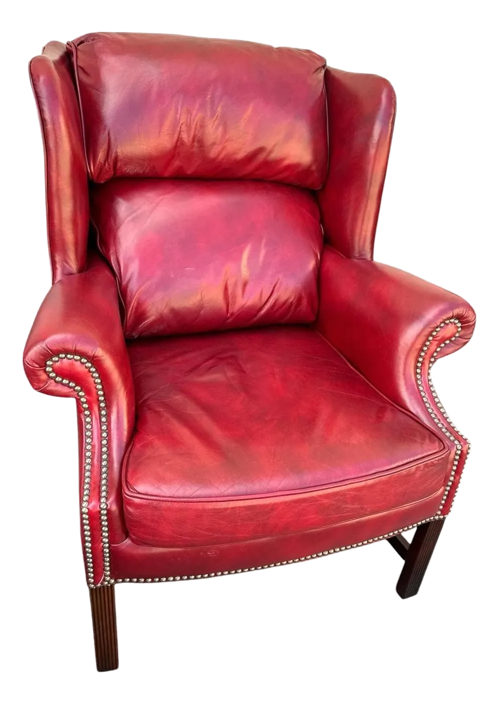Cherry Red Leather and Mahogany Wingback Chair From St. Timothy of Hickory, North Carolina - Image 2