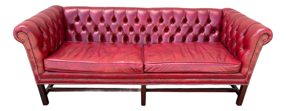 Cherry Red Leather and Mahogany Chesterfield Sofa by St. Timothy of Hickory, North Carolina - Image 2