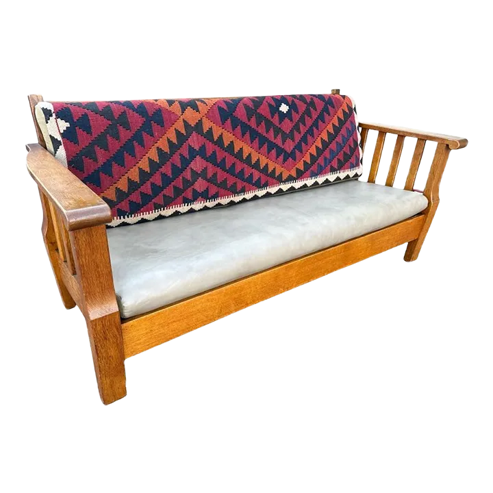 Antique Circa 1910 Oak Arts & Crafts Large 78” Settle With New Leather and Hand Made Persian Kilim Upholstered Cushions - Image 2
