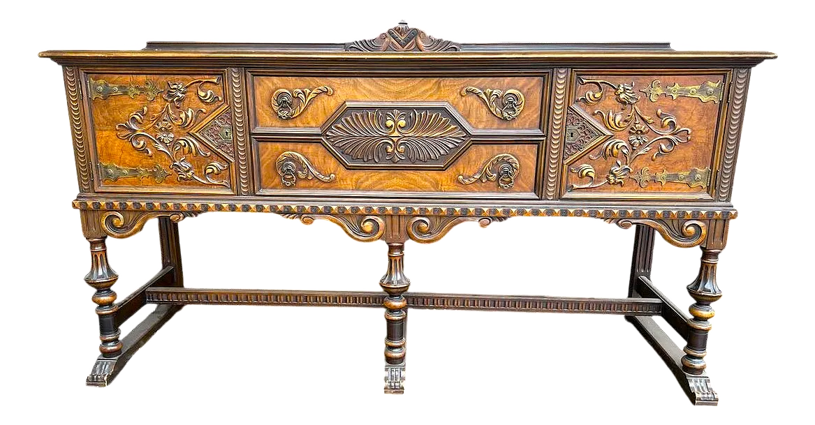 Antique Berkey & Gay Spanish Revival Ornate Walnut and Burlwood 72" Sideboard - Crafted in Grand Rapids Circa 1917 - Image 2
