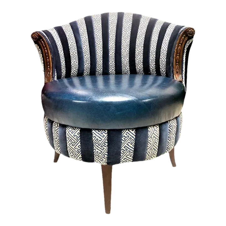 Mid 20th Century Round Accent Chair Reupholstered With Blue Velvet and Greek Key Fabric - Image 2