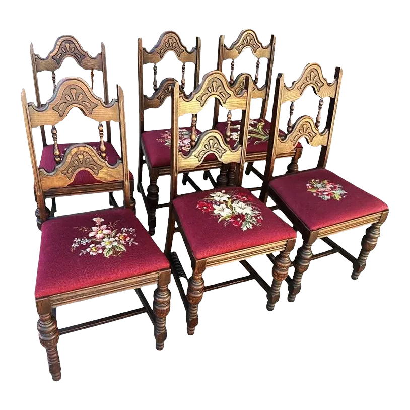 Antique 1920s Spanish Revival or Jacobean Carved Oak Dining Chairs With Needlepoint Seat Upholstery - Set of 6 - Image 2