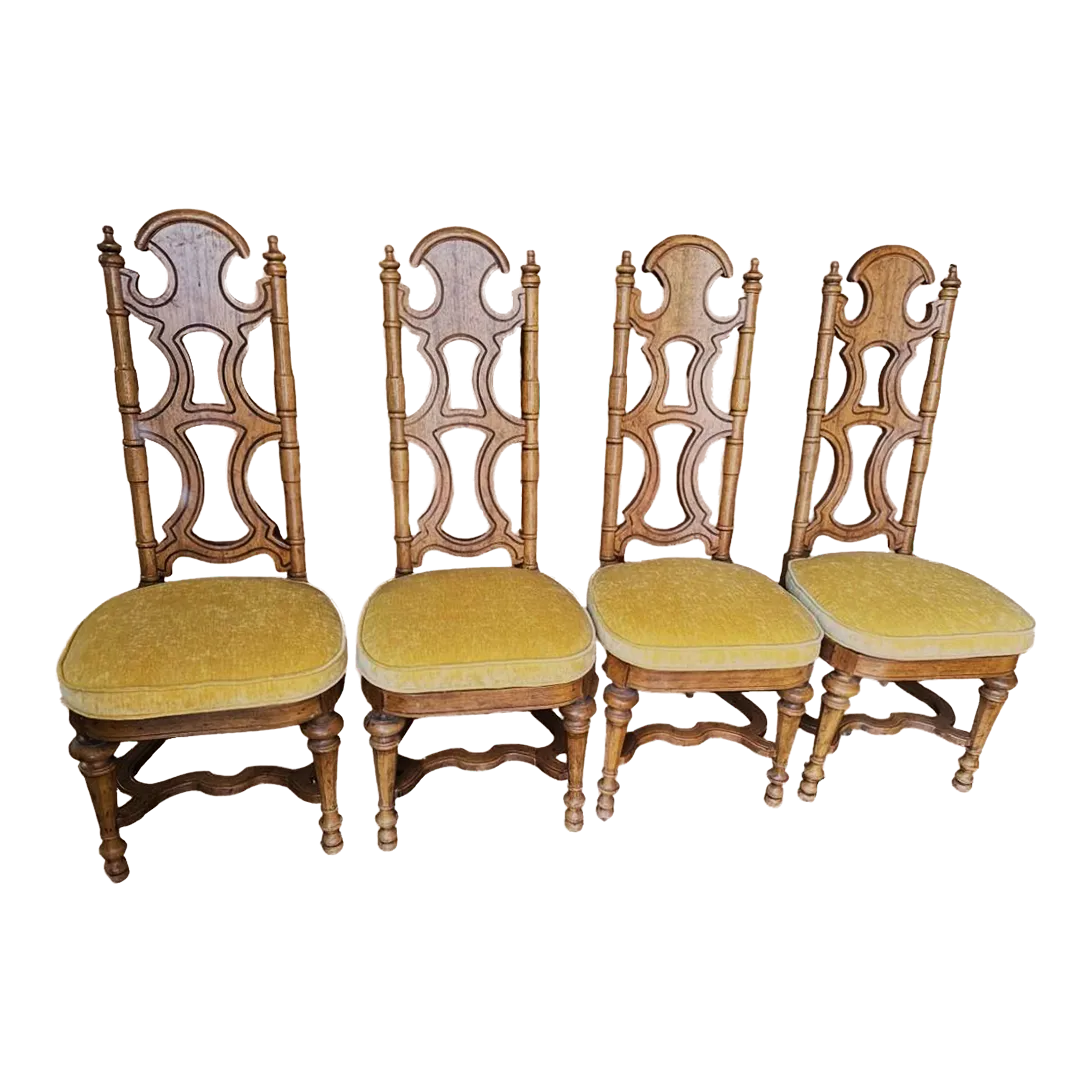 Jim Peed Drexel 1960s Spanish Style Pecan Wood Dining Chairs - Set of 4 - Image 2