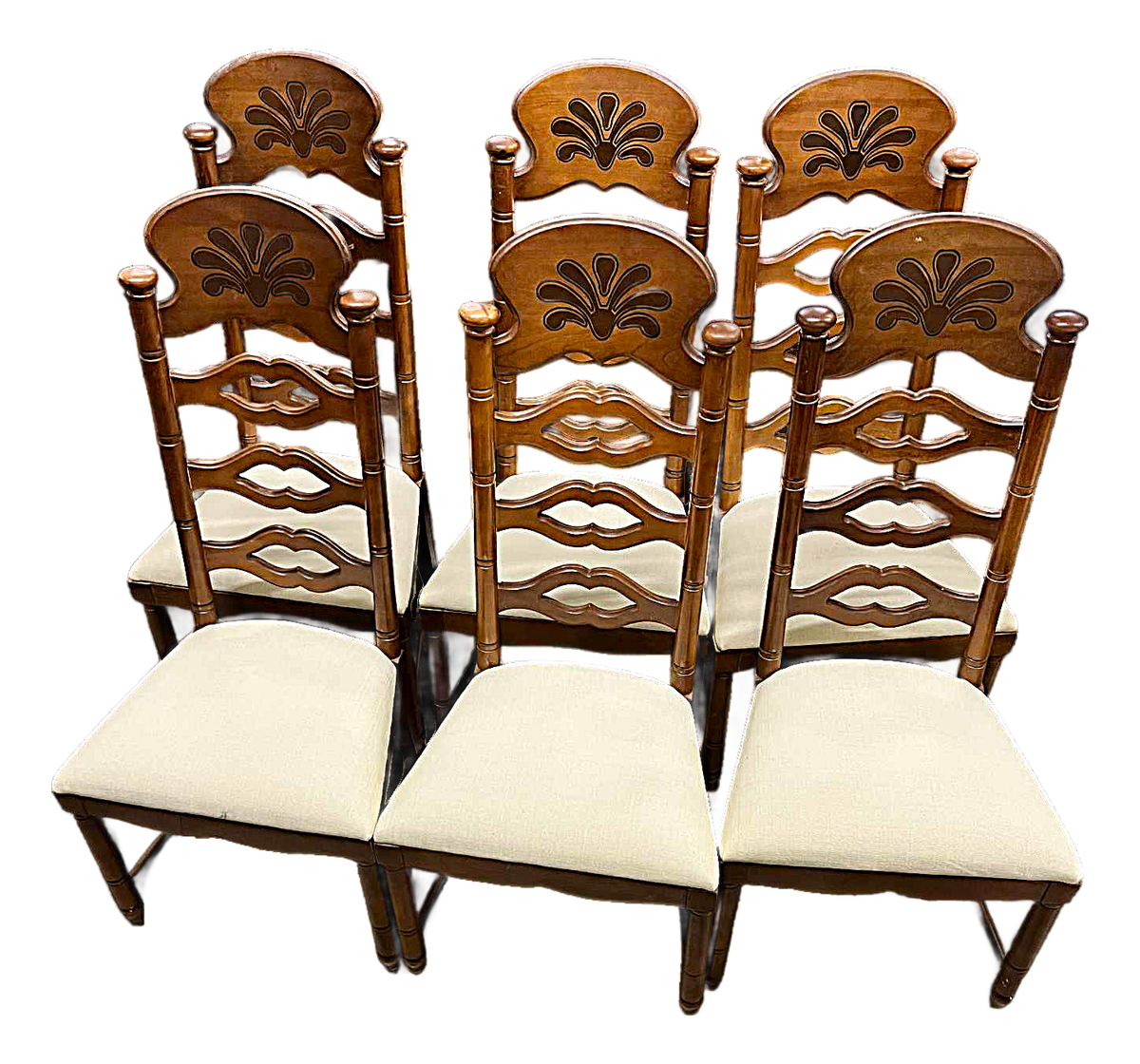 Vintage Drexel Attributed Spanish Revival Maple Wood Ladderback Dining Chairs With New Seat Upholstery - Set of 6 - Image 2