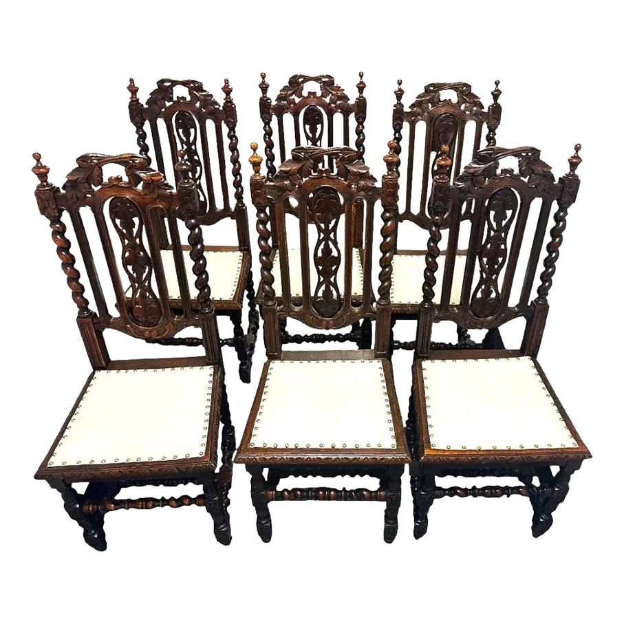 19th Century French Antique Carved Oak Dining Chairs With New Seat Upholstery - Set of 6 - Image 2
