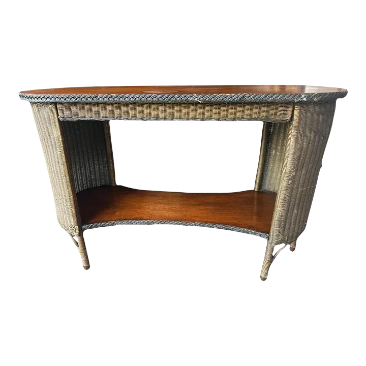 Antique 1920s Lloyd Loom Wicker and Cherry Wood Console Table - Image 2