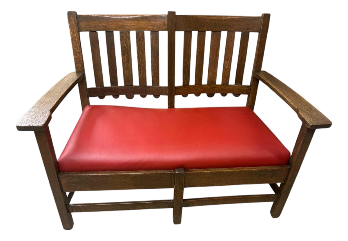 Stickley Brothers Grand Rapids Antique Settle Model #3887 - Quarter Sawn Oak and New Red Leather Seat - Circa 1910 - Image 2