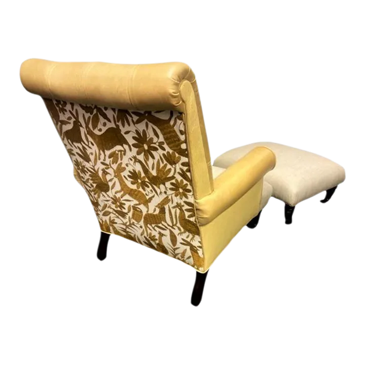 Ralph Lauren Home Vintage Chesterfield Chair and Ottoman Reupholstered With Otomi Hand Embroidery and Leather - Image 2