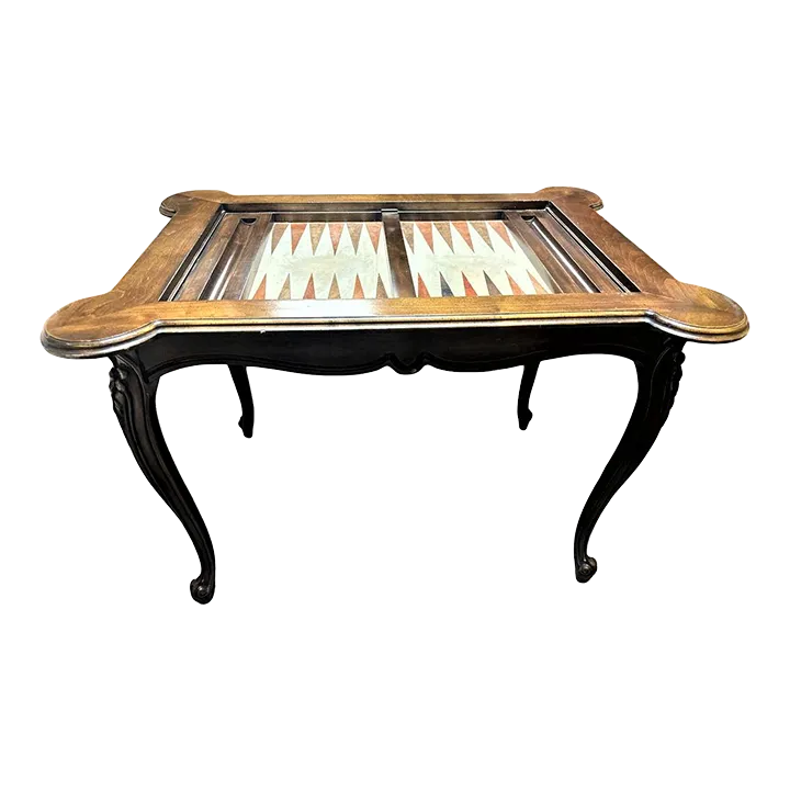 Inlaid Leather and Walnut Louis XV Style Backgammon Table - Vintage Late 20th Century - Image 2