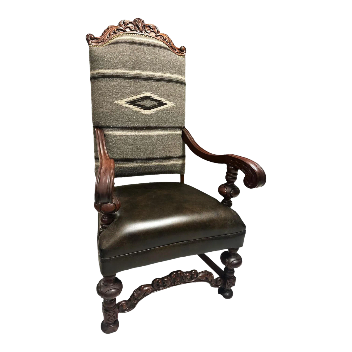 Antique Carved Hacienda Chair Upholstered With Oaxaca Wool Tapestry and Leather - Image 2