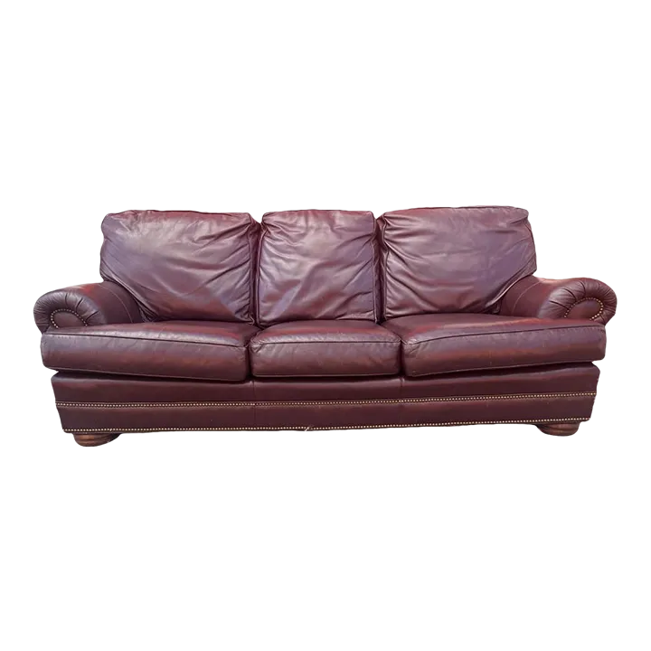 Thomasville Burgundy Leather 92” Sofa With Nail Head Trim - Image 2