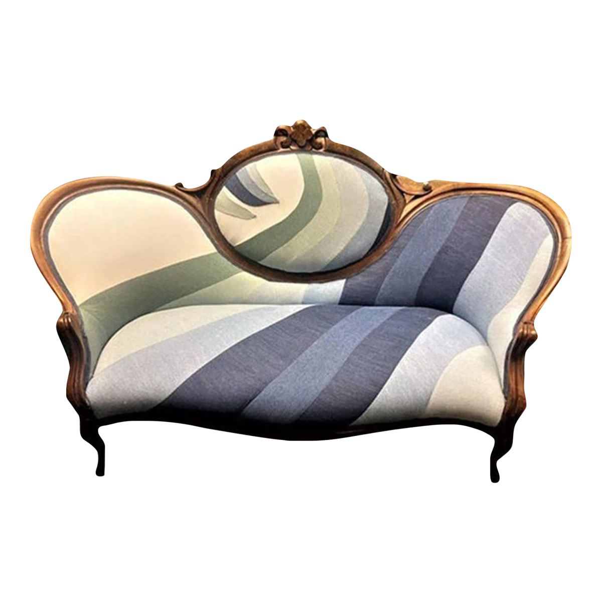 Mid 19th Century Walnut and Burlwood Parlor Medallion Sofa Reupholstered in 'New Wave' Design - Image 2