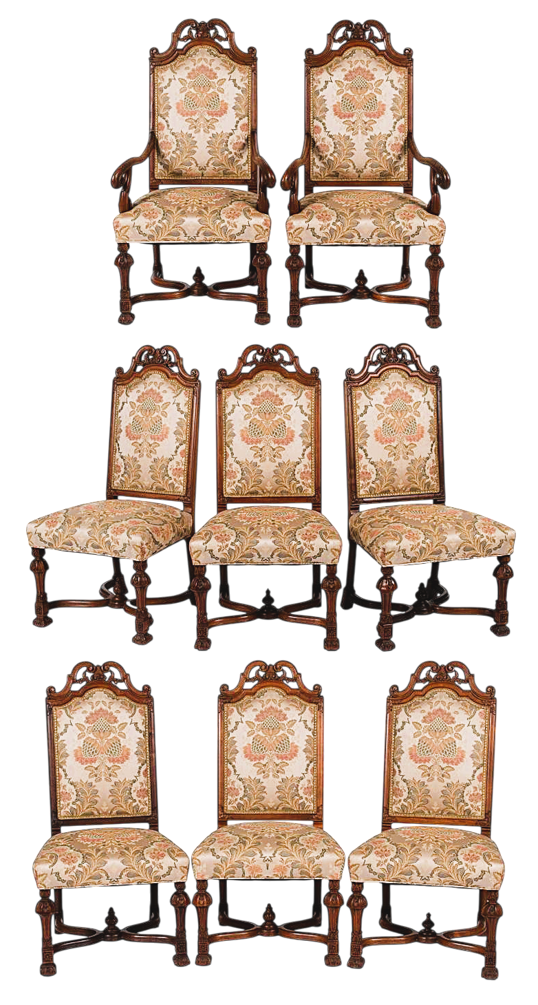 Set of Eight Antique 19th Century French Baroque Carved Walnut and Upholstery Dining Chairs - Image 2