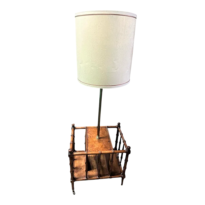 Faux Bamboo Fruitwood and Burlwood Canterbury Style Magazine Table and Floor Lamp - Vintage Mid 20th Century - Image 2